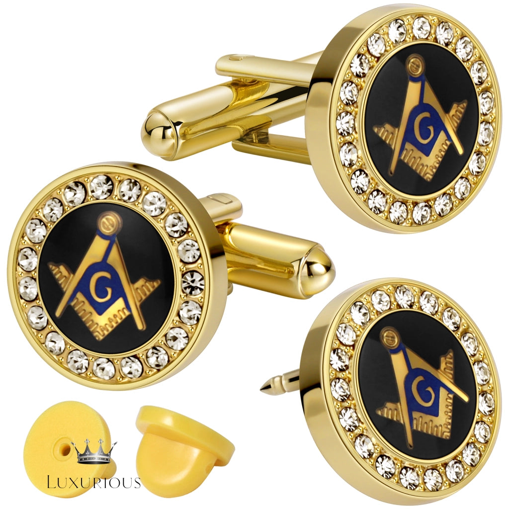 Masonic Tie Clip & Cufflinks Set - 18K Gold Gift for Men Luxurious Weddings