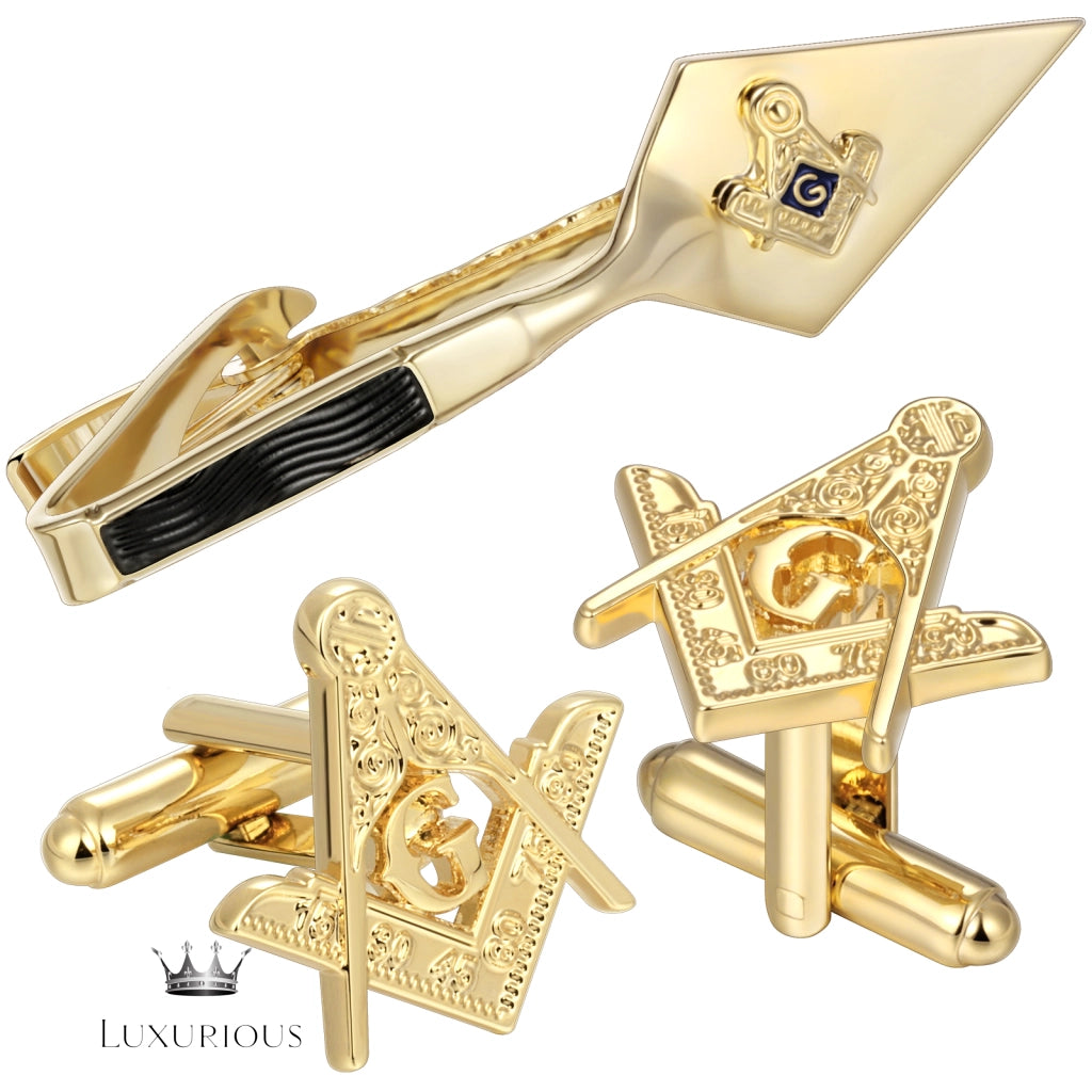 Masonic Tie Clip & Cufflinks Set - 18K Gold Gift for Men Luxurious Weddings