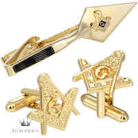 Masonic Tie Clip & Cufflinks Set - 18K Gold Gift for Men Luxurious Weddings