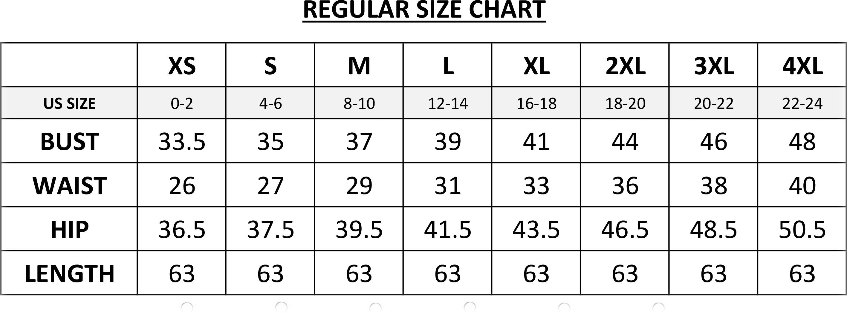 a women's size chart for the regular size chart