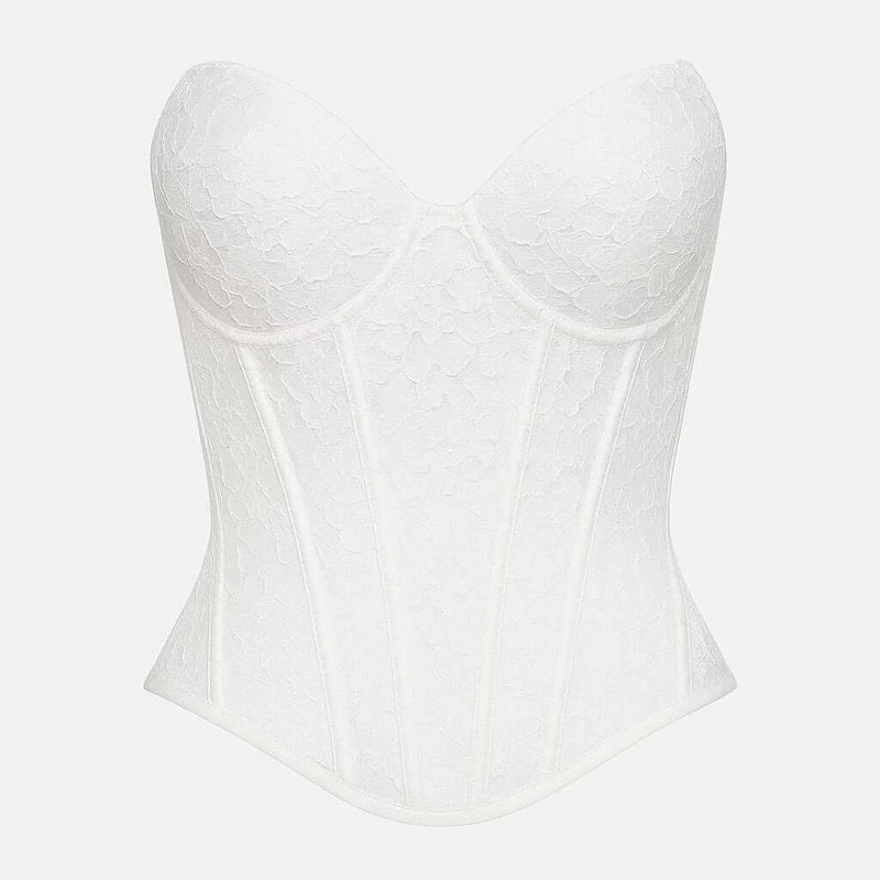White lace steel bone corset V-neck bustier for formal wear and accessories in NZ.