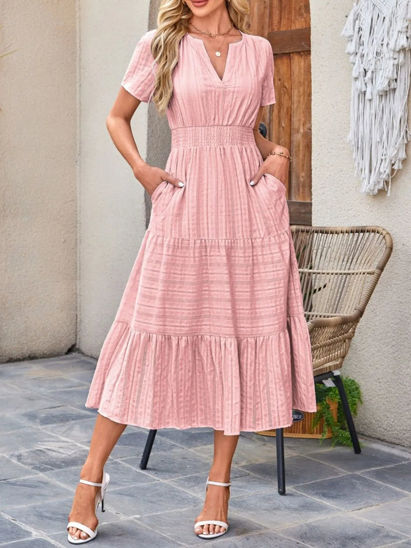 Tiered Notched Short Sleeve Dress summer dress Luxurious Weddings