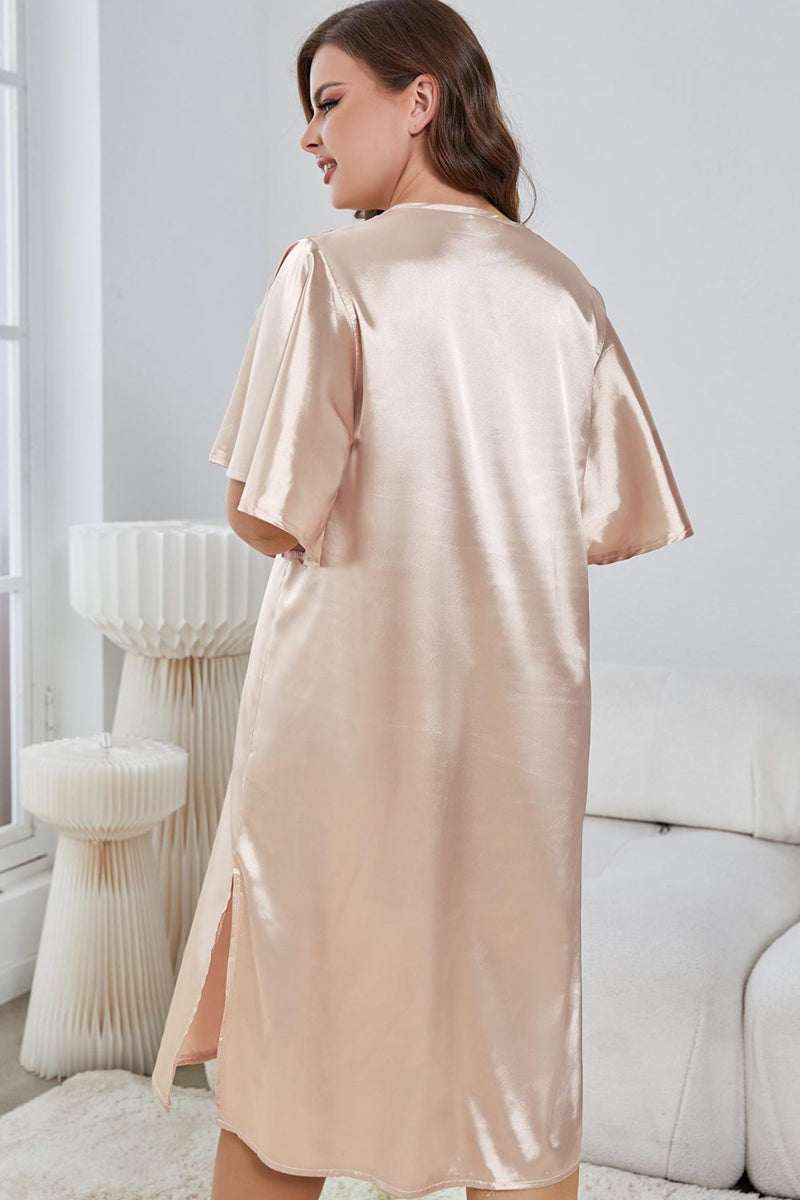Plus Size Flutter Sleeve V-Neck Side Slit Night Gown Plus size sleep wear Luxurious Weddings