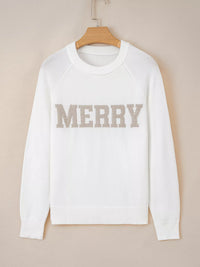 MERRY Letter Pattern Christmas Raglan Sleeve Sweater in white with beige lettering on hanging display.