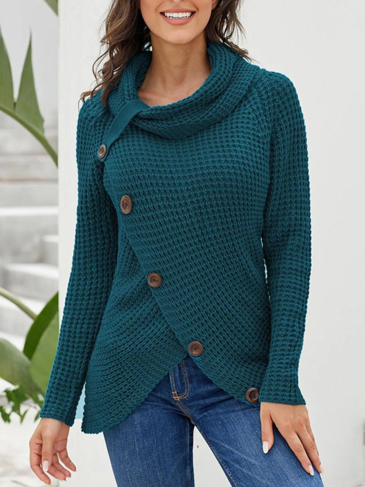 Plus size full-size turtleneck sweater with decorative button, 100% polyester, machine washable.