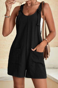 Black Adjustable Straps Pocketed Textured Romper Bottoms/Jumpsuits & Rompers Luxurious Weddings