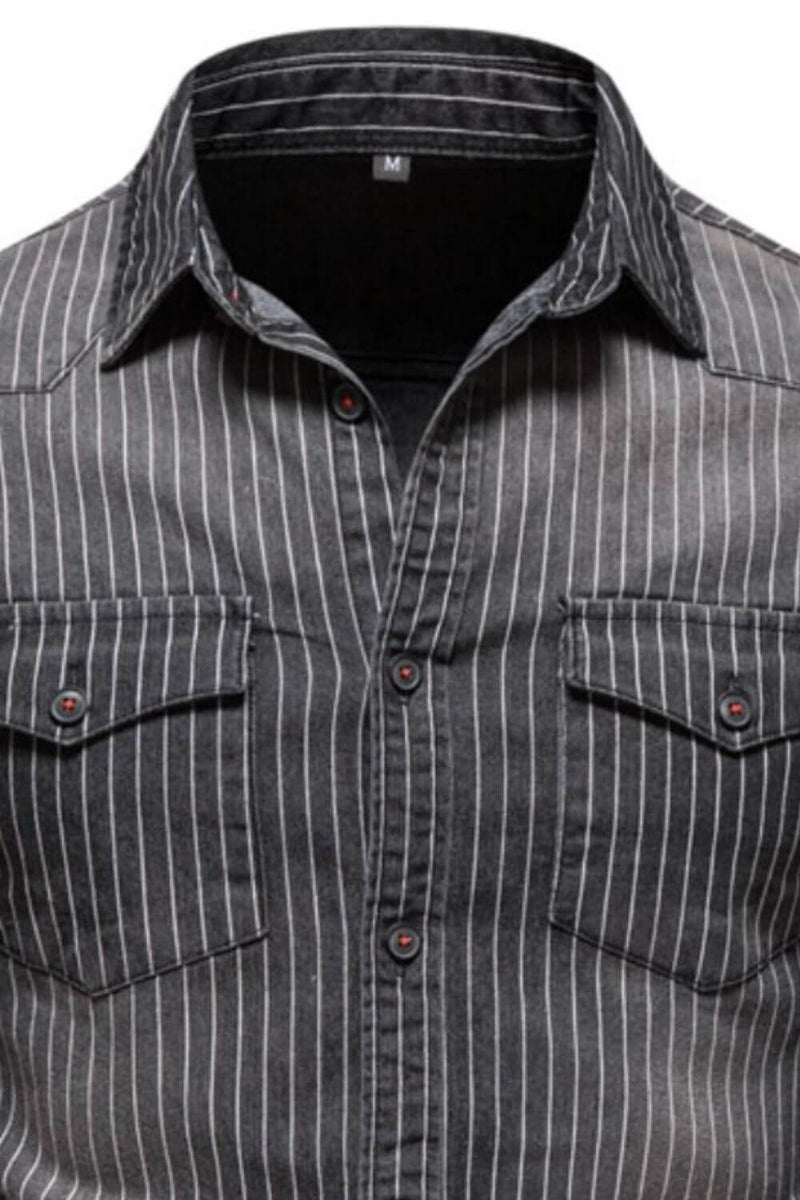 Men's Striped Collared Neck Button Down Denim Shirt Men's Shirts Luxurious Weddings