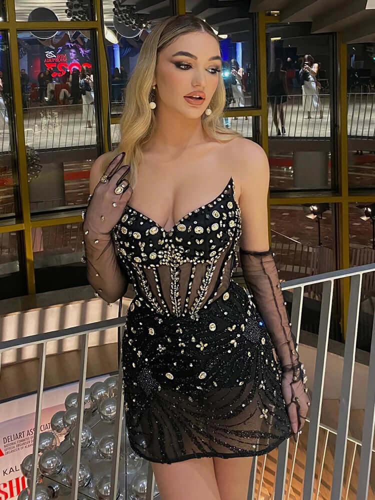 Black Mini Strapless Dress Crystal Design Vestido High Quality Mini Dress Luxurious Weddings