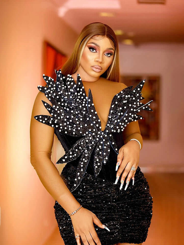 Sequins Velvet Mini Dresses Patchwork Long Sleeve Cocktail Black Dress Cocktail dress Luxurious Weddings