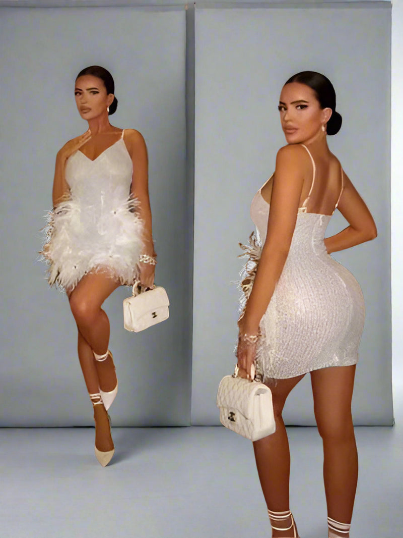 Luxury Sparkling diamond feather low-cut sequin dress Sequin Dress Luxurious Weddings