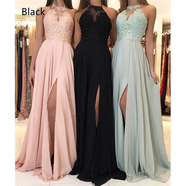 Halter Lace Chiffon Dress Prom Evening Dress Split Long Skirt Bridesmaid Dresses Luxurious Weddings