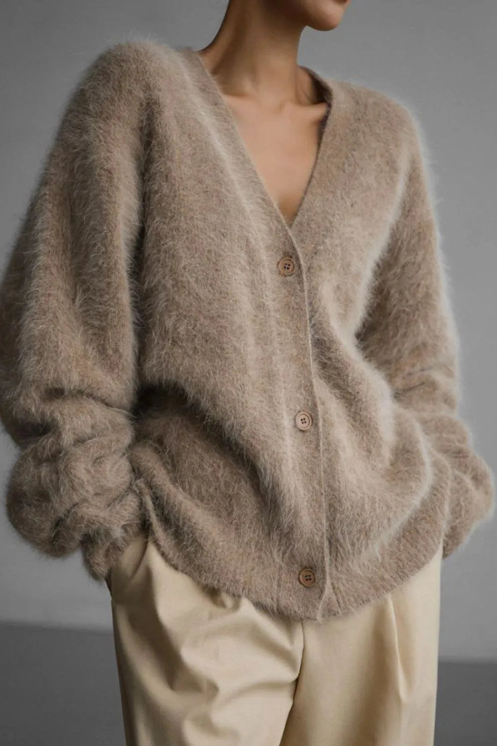 Fuzzy Button Down Long Sleeve Cardigan Sweater Luxurious Weddings