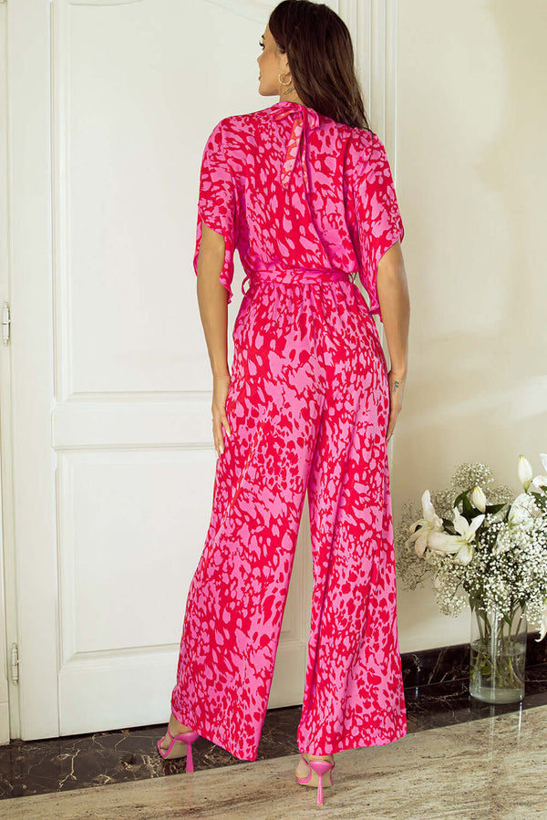 Rose Leopard Loose Sleeve Belted Wide Leg Jumpsuit Bottoms/Jumpsuits & Rompers Luxurious Weddings