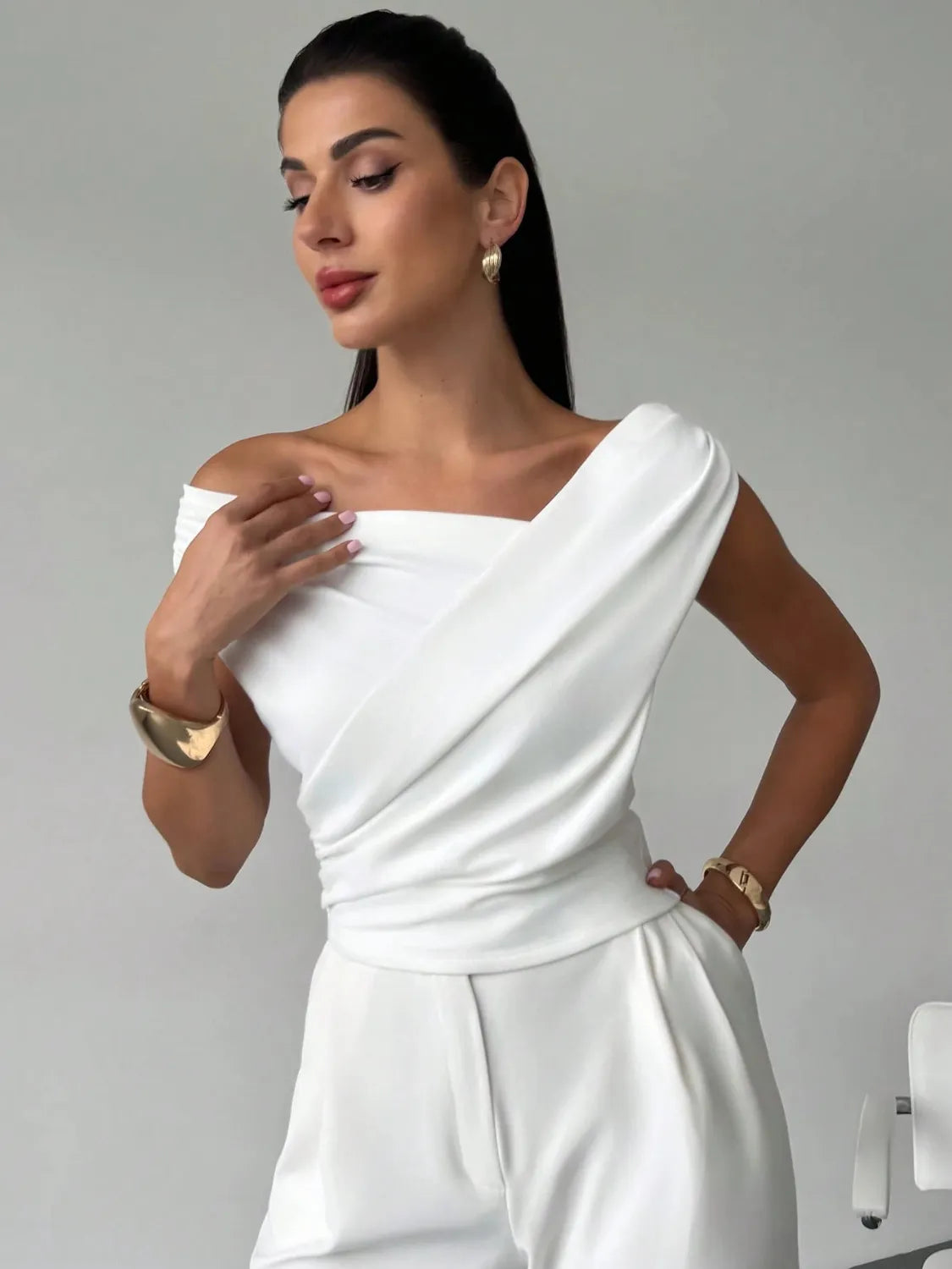 Asymmetrical Ruched Short Sleeve Top Luxurious Weddings