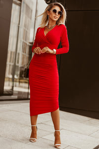 Fiery Red Long Sleeves Wrap V Neck Bodycon Dress Dresses/Bodycon Dresses Luxurious Weddings