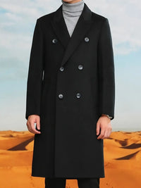 Men's plus size double-breasted long wool coat in black, perfect for formal wear and accessories in NZ.