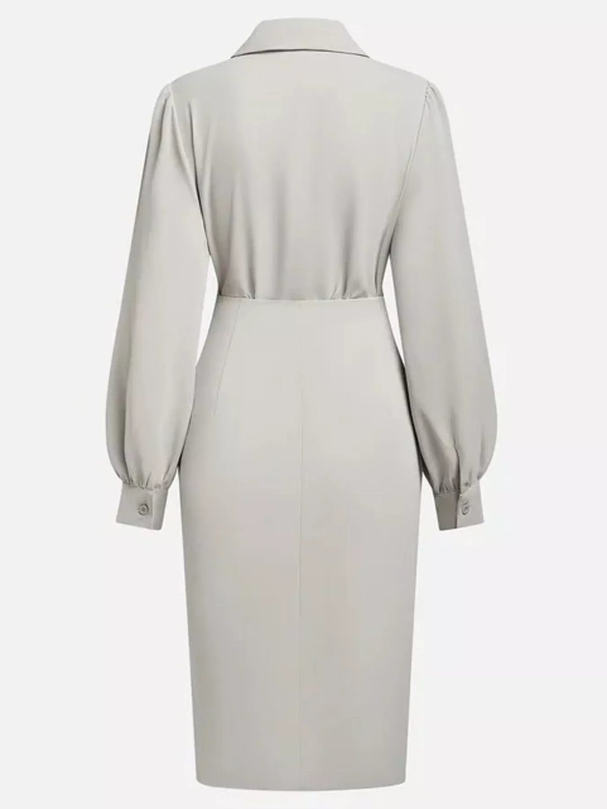Back view of Ruched Midi Shirt Dress with Side Slit in light gray, showing puff sleeves and fitted design.