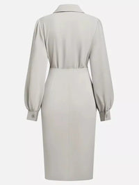 Back view of Ruched Midi Shirt Dress with Side Slit in light gray, showing puff sleeves and fitted design.