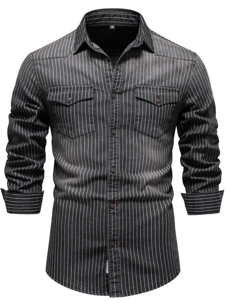 Men's Striped Collared Neck Button Down Denim Shirt Men's Shirts Luxurious Weddings