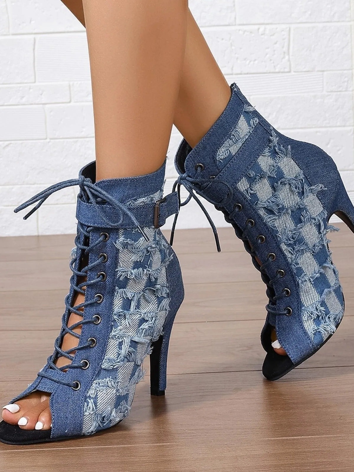 Distressed Denim Lace-Up Peep Toe Ankle Boots Heels Luxurious Weddings