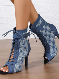 Distressed Denim Lace-Up Peep Toe Ankle Boots Heels Luxurious Weddings
