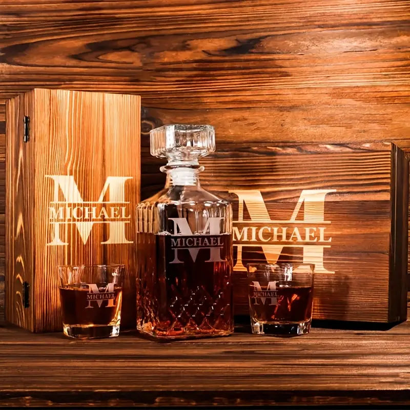 Engraved decanter set with wooden box, personalized gift for special occasions and distinguished gentlemen.