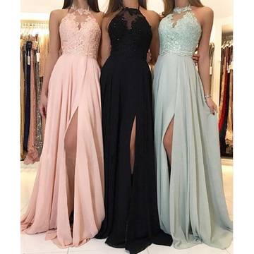 Halter Lace Chiffon Dress Prom Evening Dress Split Long Skirt Bridesmaid Dresses Luxurious Weddings