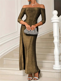 Slit Off-Shoulder Long Sleeve Midi Dress mother of the bride Luxurious Weddings
