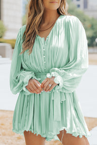 Green Pleated Ruffled Tie Waist Buttons V Neck Romper Bottoms/Jumpsuits & Rompers Luxurious Weddings