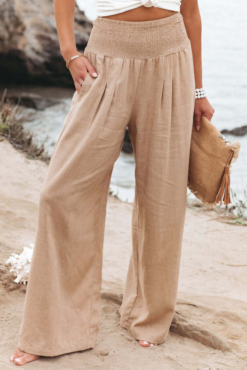 Khaki Smocked Wide Waistband High Waist Wide Leg Pants Bottoms/Pants & Culotte Luxurious Weddings