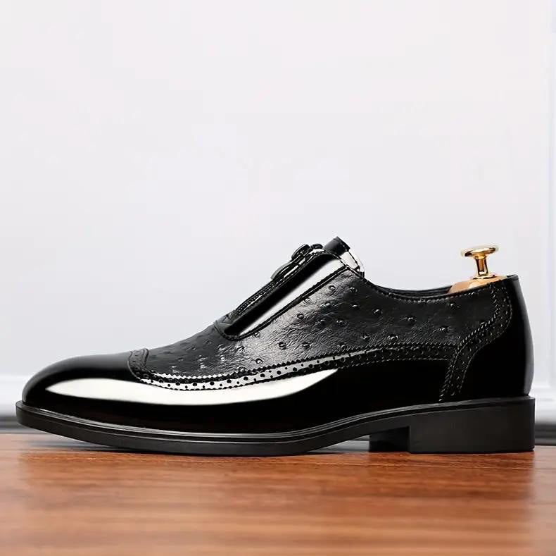Ostrich grain embossed pointed leather shoes for luxurious weddings, featuring polished black finish and elegant detailing.