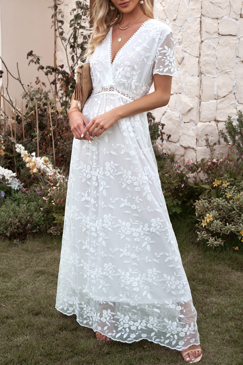 Embroidered Short Sleeve Surplice Neck Maxi Dress wedding dress Luxurious Weddings
