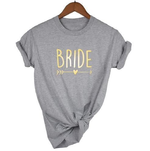 a gray t - shirt with the word bride printed on it