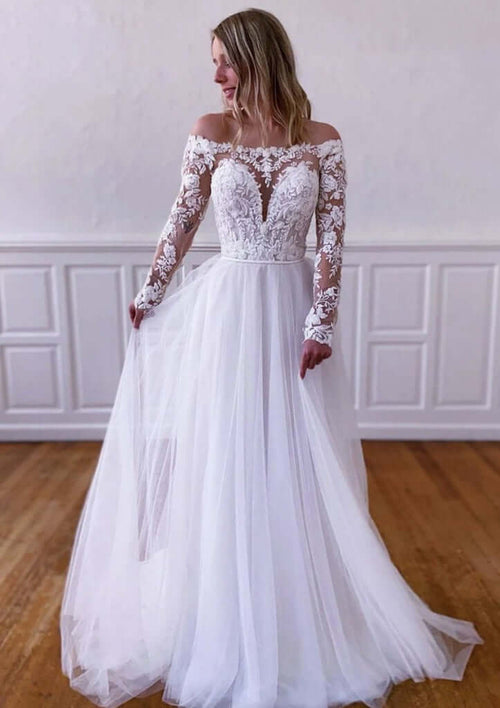 A-line Off The Shoulder Long Slleve Tulle Lace Wedding Dress Wedding Dress Luxurious Weddings Custom Wedding Dresses NZ, Bridal Gowns NZ, Bridesmaid Dresses, Boho Wedding Dresses, Mermaid Wedding Dresses, Trumpet Wedding Dresses, Princess Wedding Dresses,