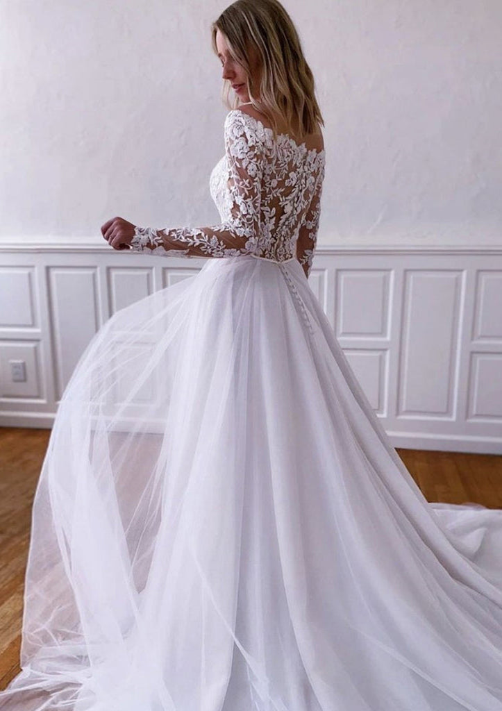 A-line Off The Shoulder Long Slleve Tulle Lace Wedding Dress Wedding Dress Luxurious Weddings Custom Wedding Dresses NZ, Bridal Gowns NZ, Bridesmaid Dresses, Boho Wedding Dresses, Mermaid Wedding Dresses, Trumpet Wedding Dresses, Princess Wedding Dresses,