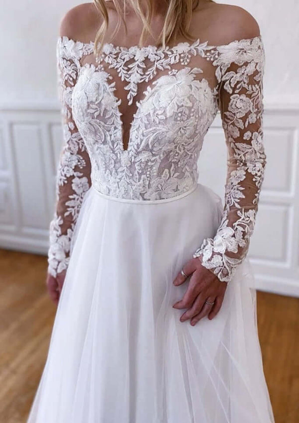 A-line Off The Shoulder Long Slleve Tulle Lace Wedding Dress Wedding Dress Luxurious Weddings Custom Wedding Dresses NZ, Bridal Gowns NZ, Bridesmaid Dresses, Boho Wedding Dresses, Mermaid Wedding Dresses, Trumpet Wedding Dresses, Princess Wedding Dresses,