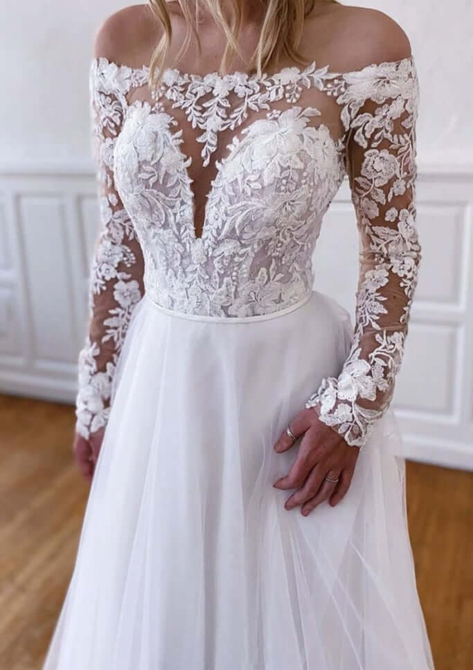 A-line Off The Shoulder Long Slleve Tulle Lace Wedding Dress Wedding Dress Luxurious Weddings