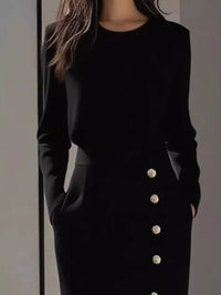 Long Sleeve Button Detail Midi Dress with Side Slit showcasing a black design and button details.