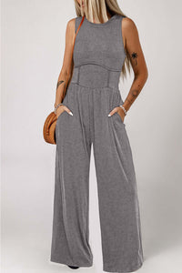 Medium Grey Cinched Waist Sleeveless Wide Leg Jumpsuit Bottoms/Jumpsuits & Rompers Luxurious Weddings