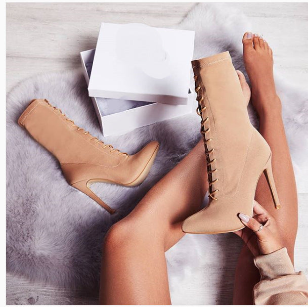 Pointed lace-up slim super high heels Lace up Boots