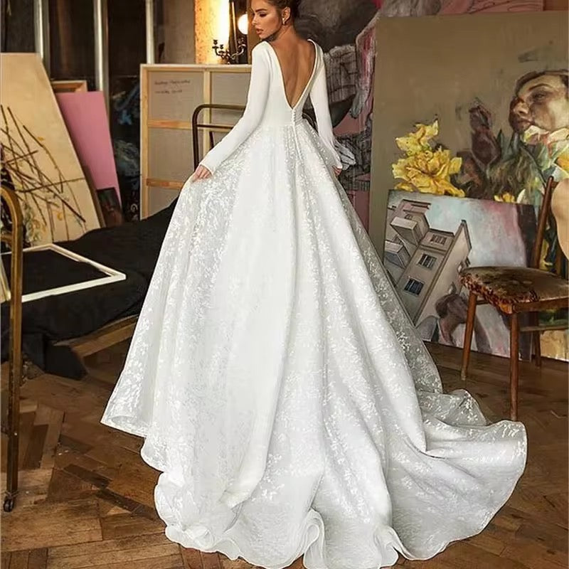 Long Sleeve V-Neck A-Line Bridal Gown