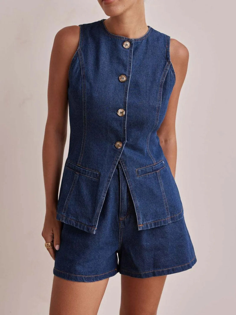 Button Down Vest and Shorts Denim Set Jeans Set Luxurious Weddings