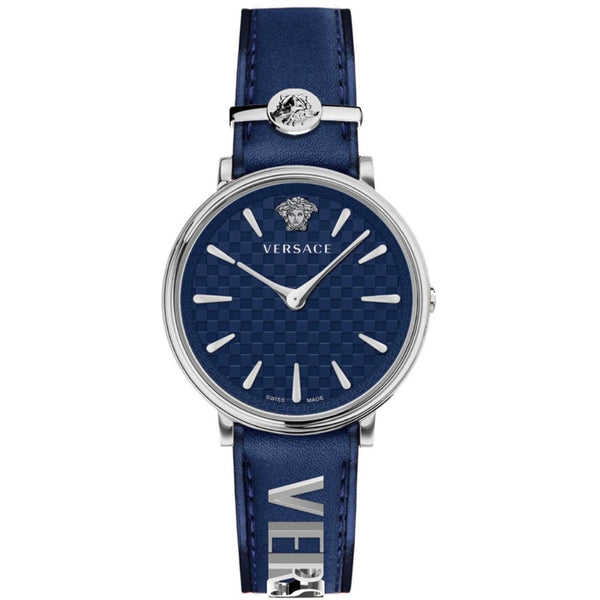 a watch with a blue leather strap