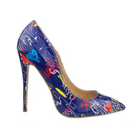 Women’s Graffiti high heel pumps in blue with colorful designs, perfect for formal wear & accessories NZ.