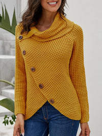 Plus size mustard yellow texture turtleneck long sleeve sweater with decorative buttons.