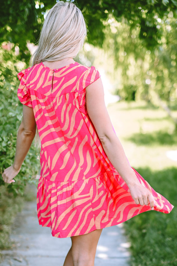 Pink Zebra Stripe Printed Ruffle Trim Pocketed Dress