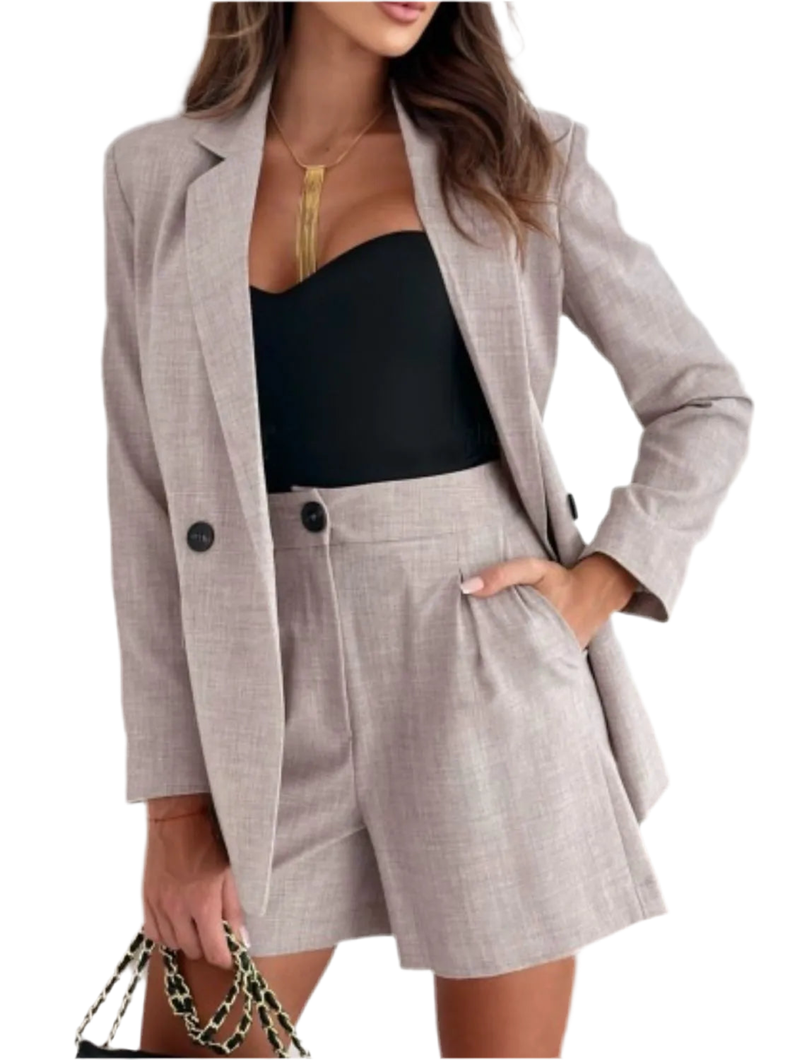 One Button Lapel Collar Blazer and Shorts Set