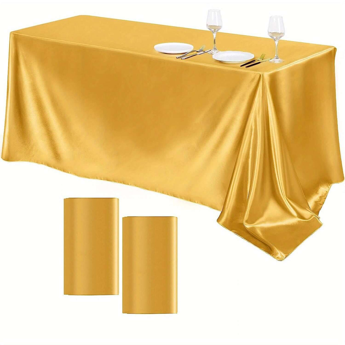 Elegant Golden Satin Tablecloth Overlay - 102 x 58\" Tablecloth Luxurious Weddings