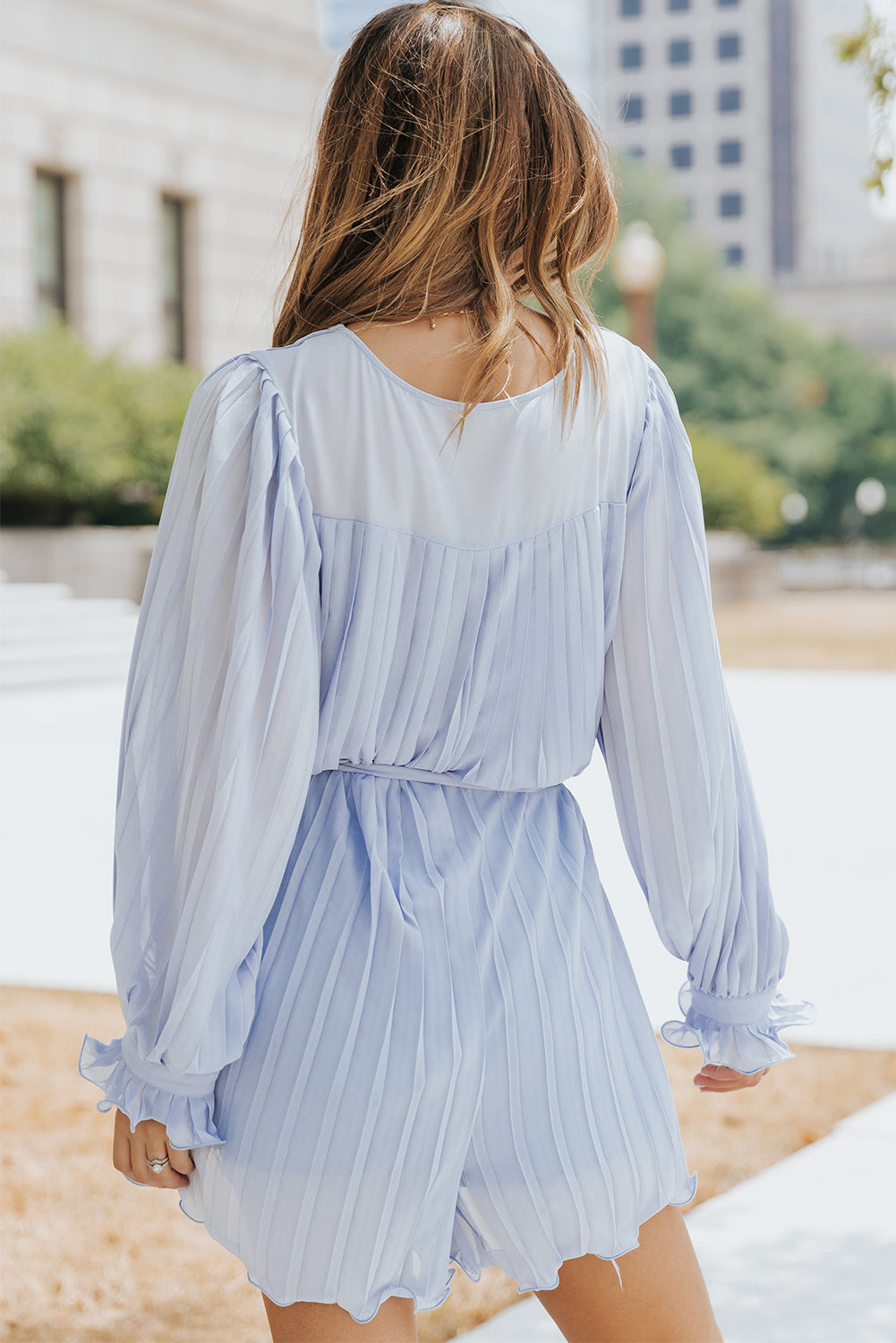 Sky Blue Pleated Ruffled Tie Waist Buttons V Neck Romper Luxurious Weddings