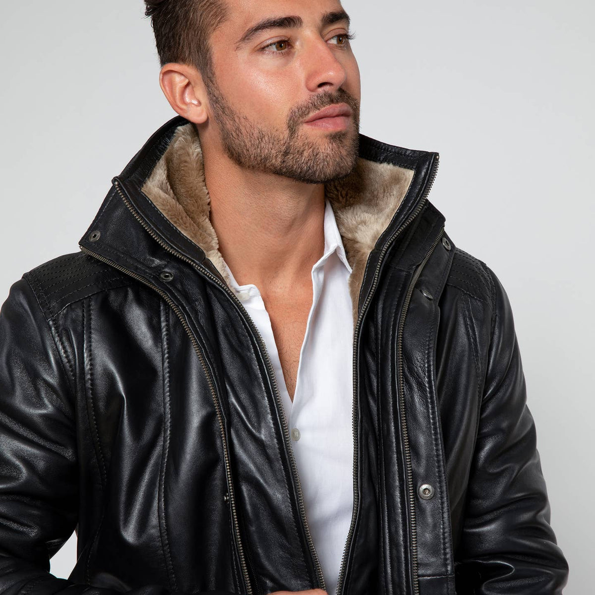 Men's Tiberius Premium Lambskin Leather Coat with Fur OUTERWEAR Luxurious Weddings